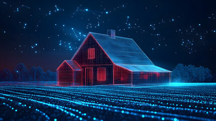 Fototapete - Futuristic house illustration with a wireframe design set against a starlit night and digital landscape. Evokes innovation, technology, and modern architecture. Abstract wireframe in dark blue.