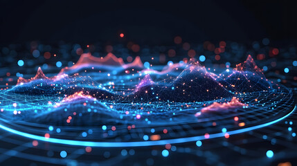 Aufkleber - Futuristic digital landscape with glowing data topography and concentric light rings. Visualizes complex networks and data flows. Ideal for tech backgrounds and abstract wireframe in dark blue