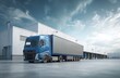 © Ross - A blue semi truck parked in front of a large warehouse under a cloudy sky on a sunny day
