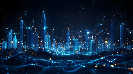 Aufkleber - Futuristic city with glowing blue skyscrapers rising from digital waves. Networked urban environment with data links in a dark blue void. Abstract wireframe in dark blue.
