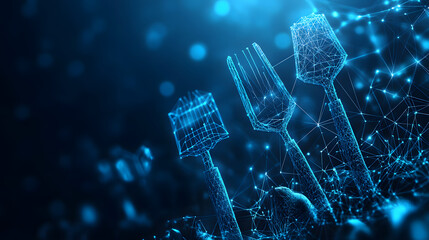 Fototapete - Futuristic culinary tools glow against a deep blue bokeh backdrop. Digital spatulas and a fork, interconnected by wireframe networks, evoke a technological kitchen. Abstract wireframe in dark blue.
