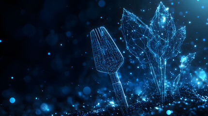 Aufkleber - Futuristic plant with glowing blue lines and digital trowel. A technological representation of nature against a dark backdrop with bokeh effects. Abstract wireframe in dark blue.