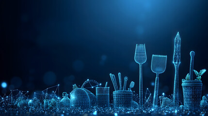 Poster - Futuristic gardening concept. Blue wireframe tools and plants glow against a dark backdrop. Bokeh lights enhance the digital, ethereal feel. Modern take on nature. Abstract wireframe in dark blue