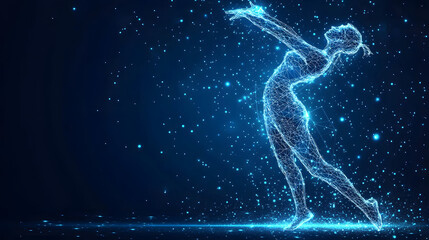 Aufkleber - Dynamic digital dancer rendered in glowing blue wireframe against a cosmic dark blue background. Perfect for tech, dance or futuristic themes. Abstract wireframe in dark blue.