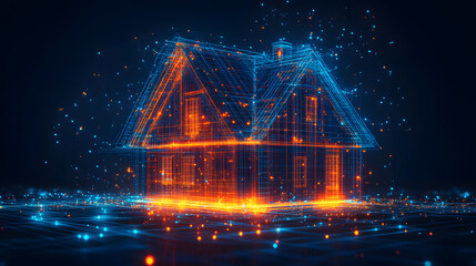 Aufkleber - Futuristic home concept with a glowing wireframe house on a grid. Illustrates modern architecture, technology, and digital design. Perfect for innovation themes. Abstract wireframe in dark blue.