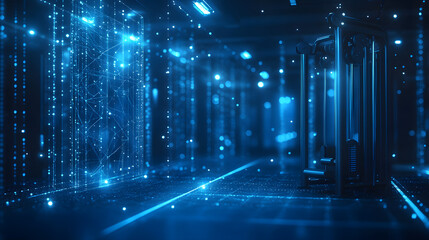 Poster - Futuristic gym scene merging physical fitness with digital connectivity. A blend of exercise equipment and abstract data networks creates a high-tech atmosphere. Abstract wireframe in dark blue.