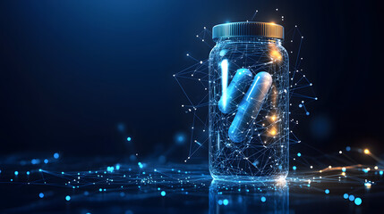 Aufkleber - Futuristic blue capsules in a jar, digitally enhanced with glowing nodes and wireframes. Science and technology concept for medical research and development. Abstract wireframe in dark blue.