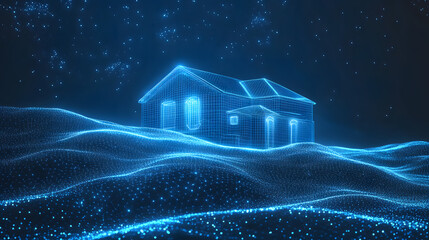 Poster - Futuristic home concept in a digital landscape. A glowing wireframe house stands on a blue dot terrain under a starlit sky. Clean, modern and dreamlike aesthetic, Abstract wireframe in dark blue.