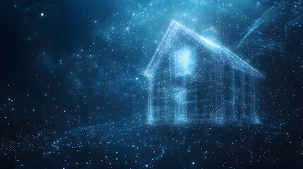 Poster - Futuristic smart home concept. Digital house built with glowing blue lines and dots, a wireframe design in a networked space. Modern tech architecture visualization. Abstract wireframe in dark blue.