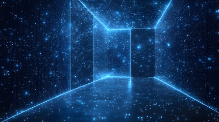 Aufkleber - Step into a digital realm! This glowing grid room offers a futuristic vibe, ideal for tech, innovation, or virtual reality concepts. Abstract wireframe in dark blue.