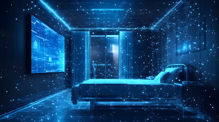 Aufkleber - Futuristic bedroom showcasing a digital network aesthetic. Bed, TV, and nightstand are outlined in glowing blue, creating a tech-driven atmosphere. Abstract wireframe in dark blue.