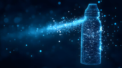 Aufkleber - Futuristic digital bottle concept. Glowing blue wireframe design on a dark backdrop with bokeh lights and sparkling trails creates dynamic, technological feel. Abstract wireframe in dark blue