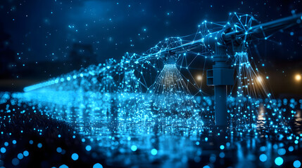 Aufkleber - Futuristic digital network suspended above glowing data particles. Shallow depth of field creates a bokeh effect. Evokes technology, energy, and innovation. Abstract wireframe in dark blue.