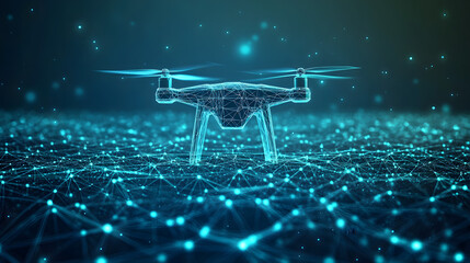 Aufkleber - Futuristic drone hovers above a digital landscape. Wireframe design and glowing dots create a technological feel. Ideal for science, innovation, and progress concepts. Abstract wireframe in dark blue.
