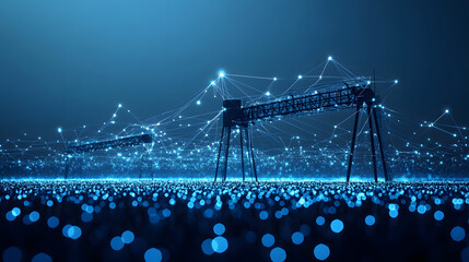 Aufkleber - Futuristic network landscape with glowing blue dots and interconnected structures. Bridges and data streams create an ethereal, connected world. Abstract wireframe in dark blue.