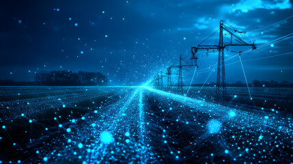 Poster - Ethereal landscape featuring glowing blue dots and silhouetted trees, creating a mystical futuristic scene. Electrical pylons march into the distance. Abstract wireframe in dark blue.