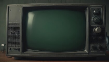 Wall Mural - Close-up, vintage CRT with visible scanlines and subtle green tint  ,  screen,  broadcast receiver,  television