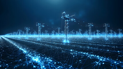 Aufkleber - Futuristic electricity pylons glow in a digital landscape, connected by a web of blue light. A network of power and data streams through the virtual grid. Abstract wireframe in dark blue.