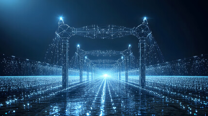 Fototapete - Futuristic abstract landscape with glowing arches and shimmering particles. Evokes a technologically advanced environment with a bright light source. Abstract wireframe in dark blue.