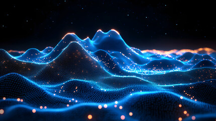 Fototapete - Ethereal landscape of glowing blue dots forming abstract mountains under a dark sky. Orange orbs add contrast in this futuristic scene. Digital, modern feel. Abstract wireframe in dark blue.