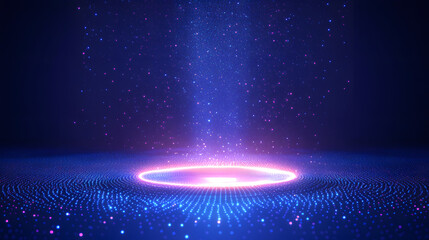 Leinwandbilder - Futuristic portal in deep space. A vibrant pink circle glows, attracting celestial light and stars. Abstract wireframe in dark blue, creates a mesmerizing cosmic scene. A perfect stock photo.
