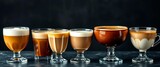 Espresso, macchiato, cappuccino, latte, mocha, corretto, caffè Americano, etc shown in stylish glasses,  menu design,  mocha