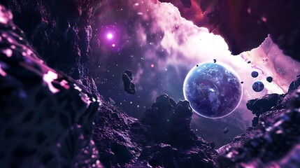 Wall Mural - cosmic scene of purple nebula and planets with floating rock formations