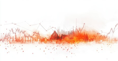 Wall Mural - Abstract cityscape overlaid with financial data visualizations.  Red lines, dots, and shapes representing market trends form a backdrop to a hazy city silhouette