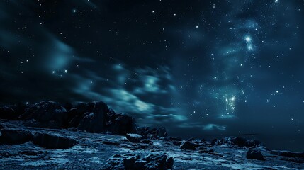Wall Mural - dark night sky displaying numerous white stars above the blue mountains landscape
