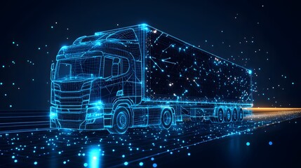 Aufkleber - Futuristic semi-truck rendered as a blue wireframe. Trailer shows interconnected data points against a dark blue gradient background. Glowing lines suggest motion. Abstract wireframe in dark blue.