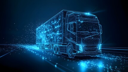 Aufkleber - Futuristic semi-truck represented in a digital wireframe design against a dark blue gradient. Symbolizing innovation and interconnected transportation networks. Abstract wireframe in dark blue.