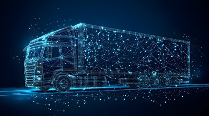 Fototapete - Futuristic semi-truck concept visualized as a glowing blue wireframe on a dark blue backdrop. The design highlights advanced technology and transportation. Abstract wireframe in dark blue