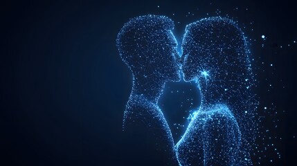Poster - Futuristic love concept featuring abstract wireframe figures embracing. A digital portrayal of intimacy and connection in bright blue against a dark backdrop. Abstract wireframe in dark blue
