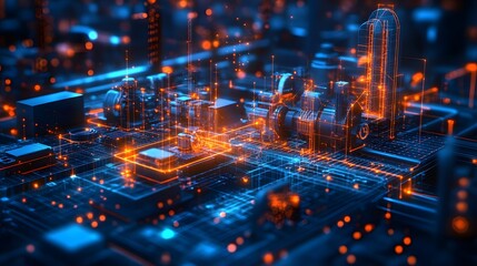 Aufkleber - Futuristic technology landscape with interconnected blue circuits and orange highlights, evoking data flow and complex systems. Perfect for tech and innovation visuals. Abstract wireframe in dark blue