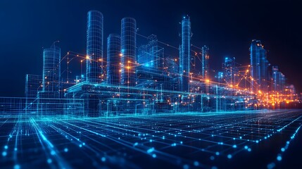 Poster - Futuristic cityscape wireframe rendering showcasing interconnected buildings and data networks. Visualizing urban technology and digital infrastructure. Abstract wireframe in dark blue.