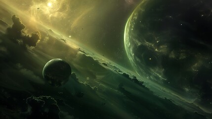 Wall Mural - dramatic space scene with planetary rings and illuminated cosmic background