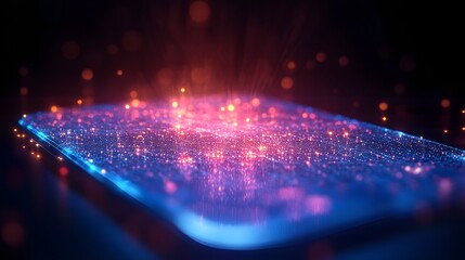 Fototapete - Futuristic display with glowing dots shifting from blue to red, concentrated at the center with emanating light beams. Bokeh effects create depth. Abstract wireframe in dark blue