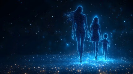 Leinwandbilder - Futuristic family of wireframe models walking in a digital aurora. Glowing blue figures holding hands. Conceptual tech art for future, connection, and innovation. Abstract wireframe in dark blue.