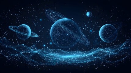 Poster - Cosmic artwork featuring wireframe planets with rings, a moon, constellations, and abstract waves, all interconnected in a dark blue, futuristic network. Abstract wireframe in dark blue