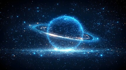 Poster - Futuristic planet with glowing rings and a wireframe structure. Stars fill the vast cosmic background, creating a sense of wonder and technological marvel. Abstract wireframe in dark blue