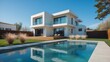 © Null Island - Elegant three-story modern suburban house featuring an expansive design with large , a welcoming entrance, and a beautifully maintained yard surrounded by lush greenery and blue skies