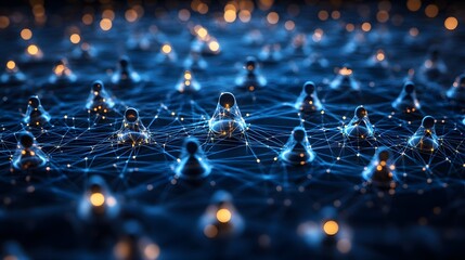 Aufkleber - Futuristic network of interconnected human figures glowing with vibrant lights. A sleek, abstract representation of connectivity, communication, and modern technology. Abstract wireframe in dark blue.