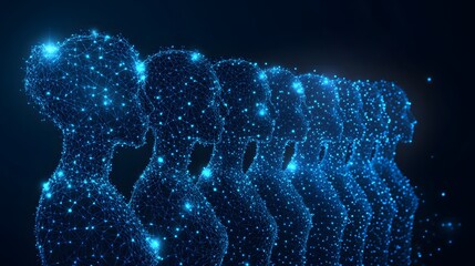 Poster - Futuristic figures glow against a dark backdrop, embodying advanced technology and AI. Interconnected blue lines form wireframe humans, representing digital evolution. Abstract wireframe in dark blue.