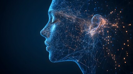 Aufkleber - Abstract wireframe face in dark blue depicts artificial intelligence and interconnectedness. Neural network visualization represents the human mind's complexity.Abstract wireframe in dark blue