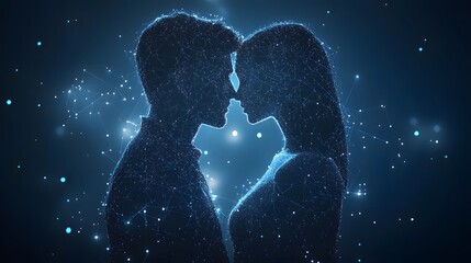 Fototapete - Connected couple in digital embrace. Glowing dots and lines depict intimacy, suggesting deep connection. Ideal for technology, relationships, and futuristic themes. Abstract wireframe in dark blue.