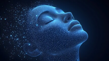 Aufkleber - Futuristic concept visualizing digital identity or consciousness. Glowing blue wireframe head disintegrates, representing data loss or technological evolution. Abstract wireframe in dark blue.