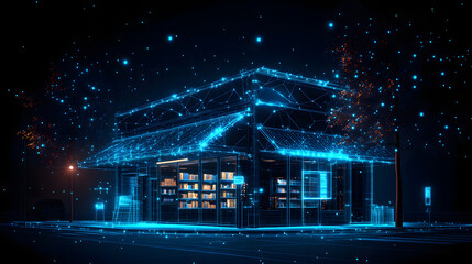 Poster - Futuristic bookstore glows with blue digital lines against a night sky. Shelves overflow with books in this high-tech library. A car parks nearby on the lined street. Abstract wireframe in dark blue.