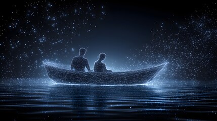 Aufkleber - Ethereal journey on digital waters. Wireframe figures in a boat under a starlit sky, a surreal exploration of connection and energy. Abstract wireframe in dark blue.