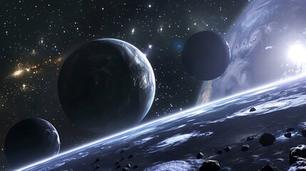 Wall Mural - planets and stars illuminated against a black cosmic background