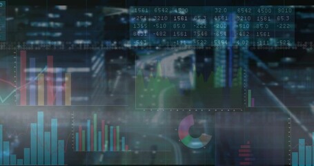 Wall Mural - Flat design finance overlay displaying numeric table with line graph, bar charts and pie segments